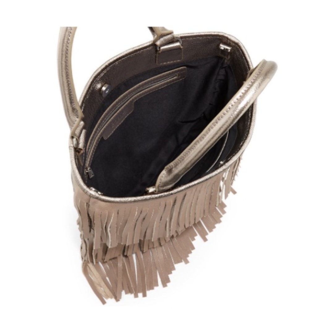 Posse NY brand bronze distressed metallic leather tiered fringe bag lined
